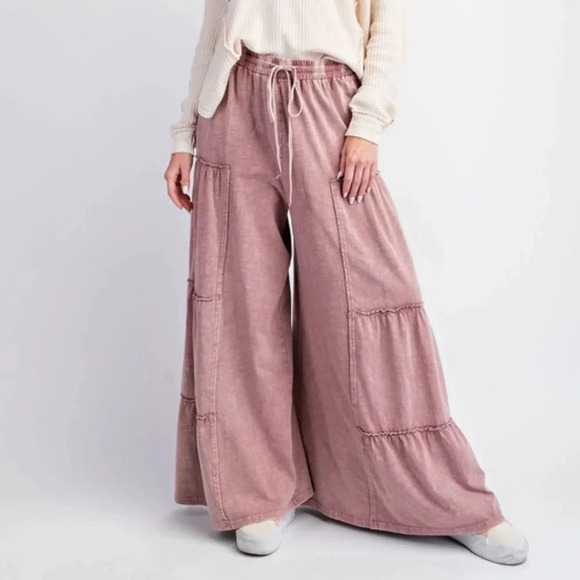 New Easel Mauve Pink Mineral Washed Tiered Pants - Picture 2 of 5